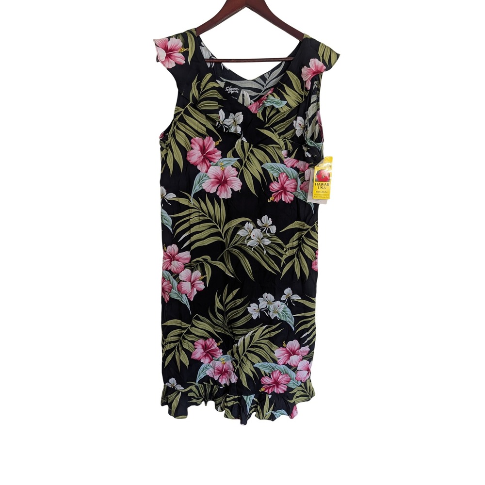 VTG Shannon Marie Hawaii Floral Aloha Dress Black Pink Hibiscuses Vacation